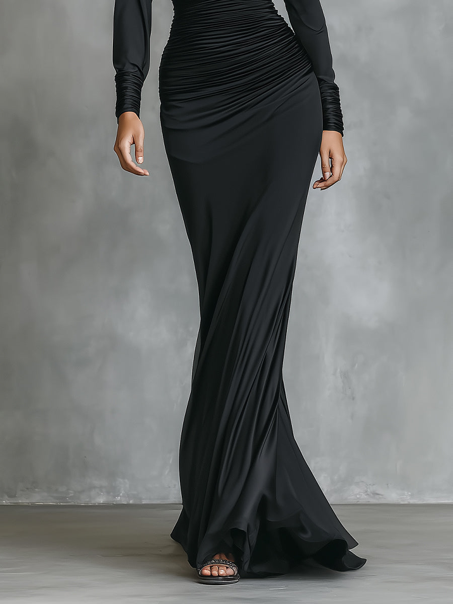 Women's Black Elegant Satin One - Shoulder Ruched Mermaid Maxi Dress