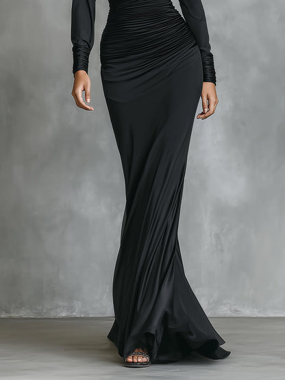 Women's Black Elegant Satin One - Shoulder Ruched Mermaid Maxi Dress