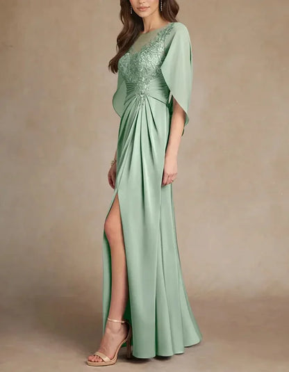 Elegant Eucalyptus Green Cape Sleeve Evening Dress with Lace Details