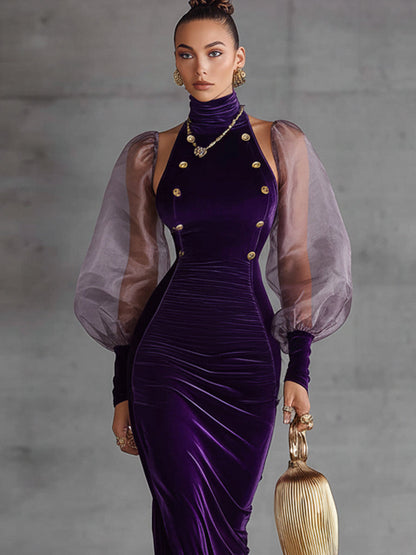 Purple Velvet Organza Sheath Dress With Vintage Gold Buttons
