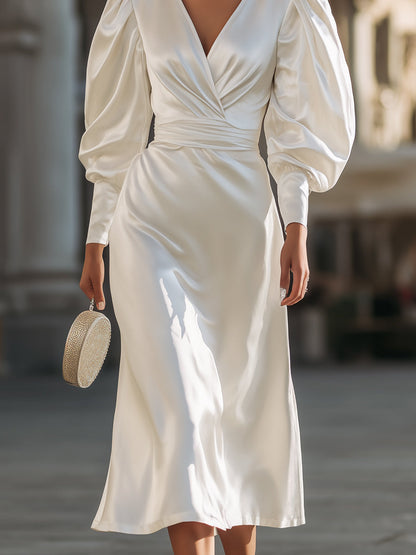 Satin Wrap Dress With Puff Sleeves