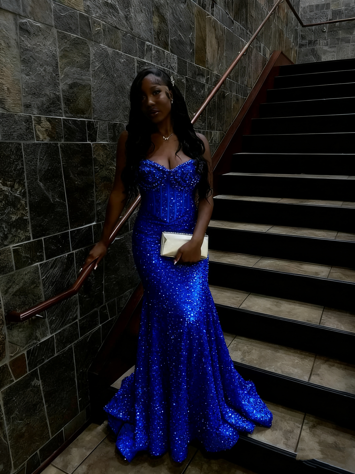 Gold Sequin Mermaid Long Prom Gown Evening Dress