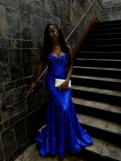 Gold Sequin Mermaid Long Prom Gown Evening Dress