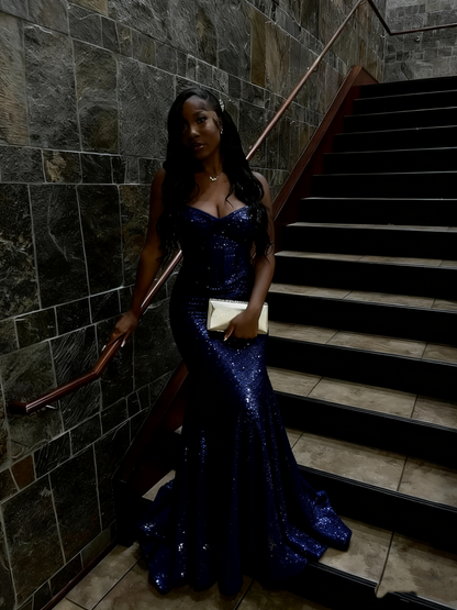 Gold Sequin Mermaid Long Prom Gown Evening Dress