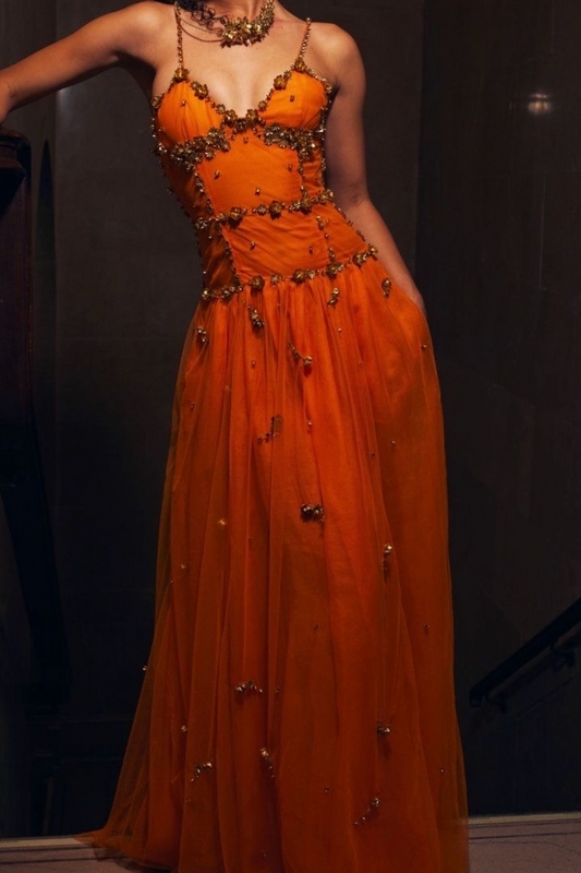 Beaded Orange Vintage Tulle Prom Dress 21st Birthday Outfit Evening Dress