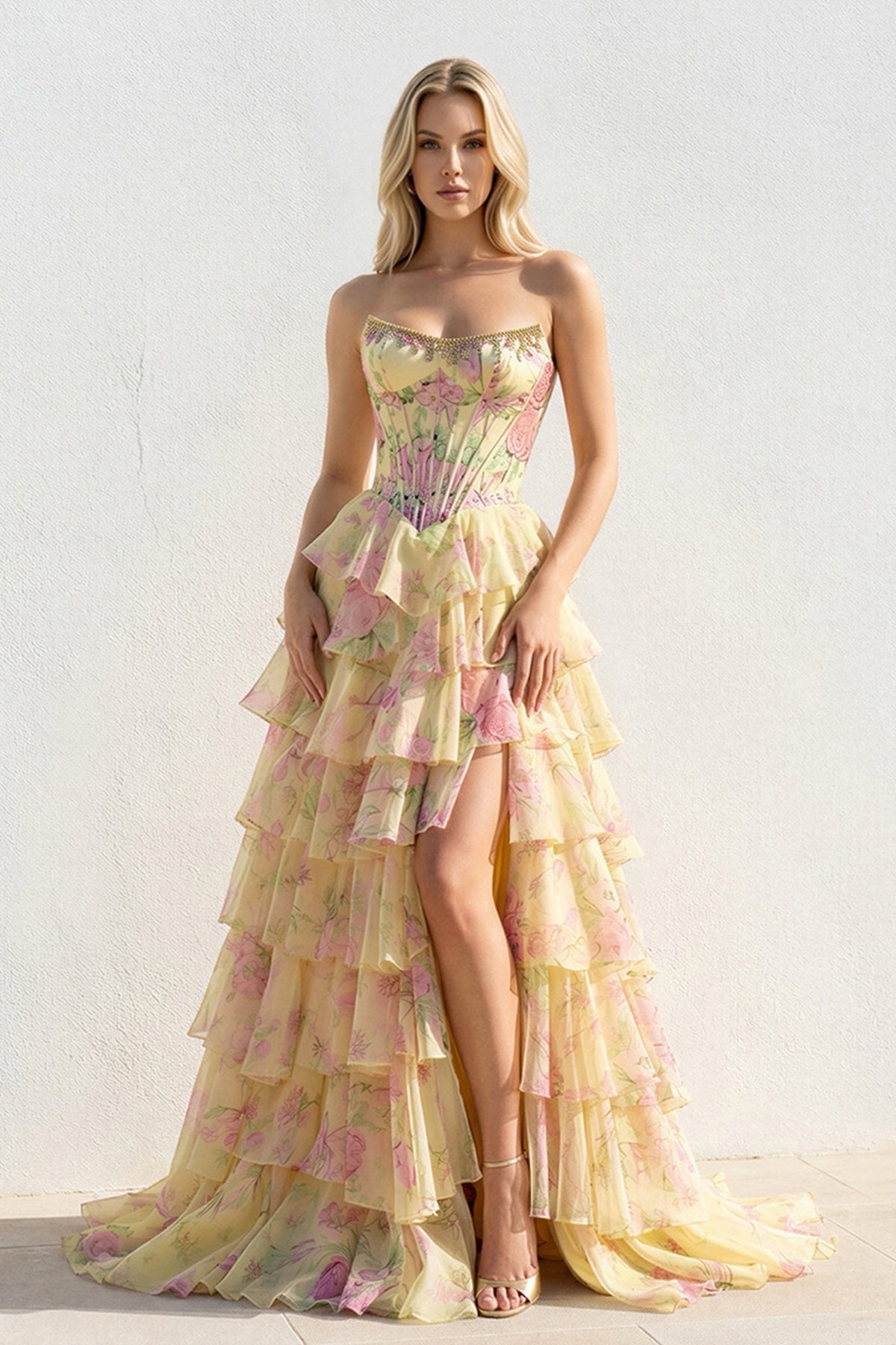 Floral Ruffled Prom Dress With Beading in Yellow