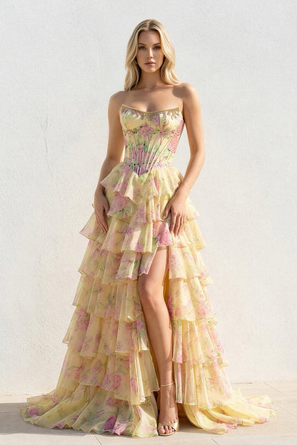 Floral Ruffled Prom Dress With Beading in Yellow