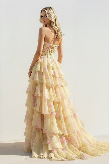 Floral Ruffled Prom Dress With Beading in Yellow