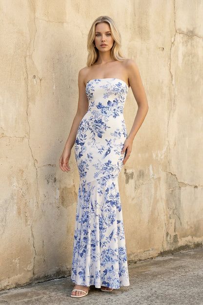 Floral Strapless Mermaid Prom Dress in Blue