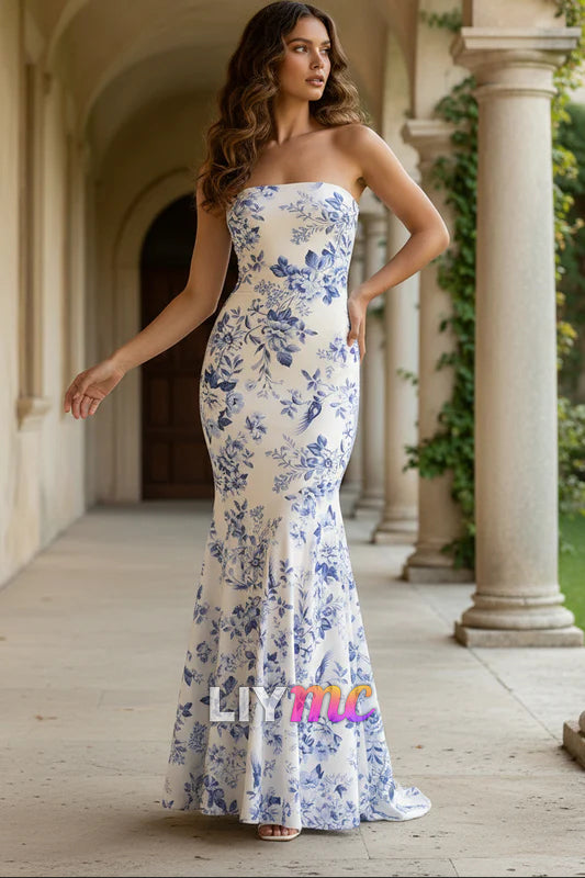 Floral Strapless Mermaid Prom Dress in Blue