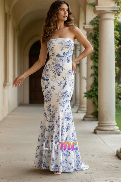 Floral Strapless Mermaid Prom Dress in Blue
