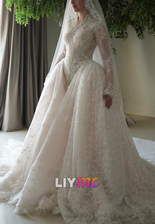 V-Neck Beaded Lace Appliques Tulle Wedding Dress
