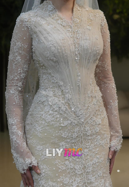 V-Neck Beaded Lace Appliques Tulle Wedding Dress