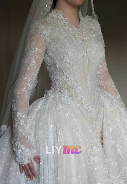 V-Neck Beaded Lace Appliques Tulle Wedding Dress