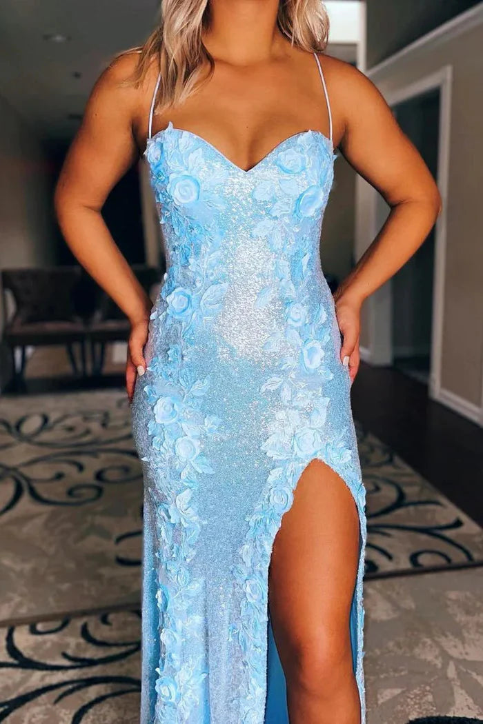 Stunning Sweetheart Sequin Slit Mermaid Prom Dress with Floral