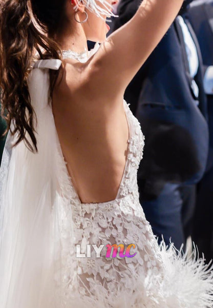 Halter Appliques Feathered Short Wedding Dress