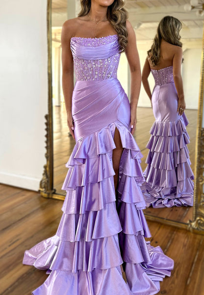 Off-Shoulder Sleeveless Pleated Beaded Tiered Mermaid Prom Dress