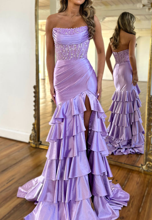 Off-Shoulder Sleeveless Pleated Beaded Tiered Mermaid Prom Dress