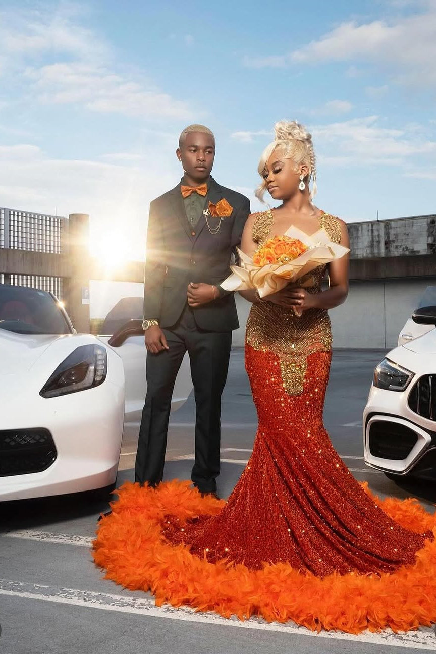 Gold appliques Orange Feathers Sequin Mermaid Long Prom Dresses