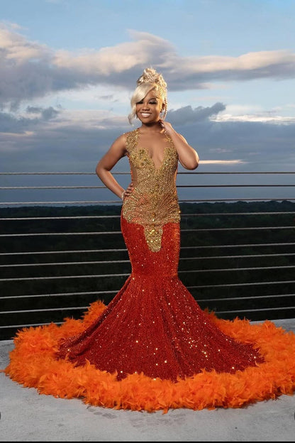 Gold appliques Orange Feathers Sequin Mermaid Long Prom Dresses
