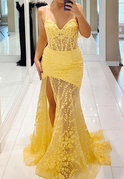 Sweetheart Spaghetti Straps Appliques Sheath Sheer Prom Dress