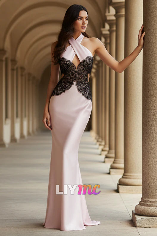 Halter Mermaid Maxi Dress With Lace in Black and Pink