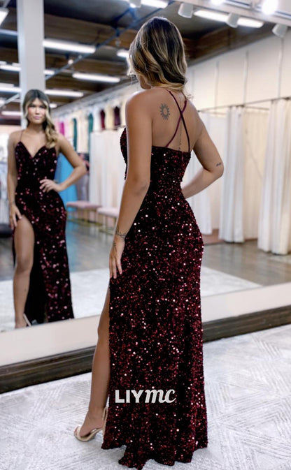 LP1231 - Sparkly Halter Strap Sleeveless Sequins Party Prom Dress with Side Slit
