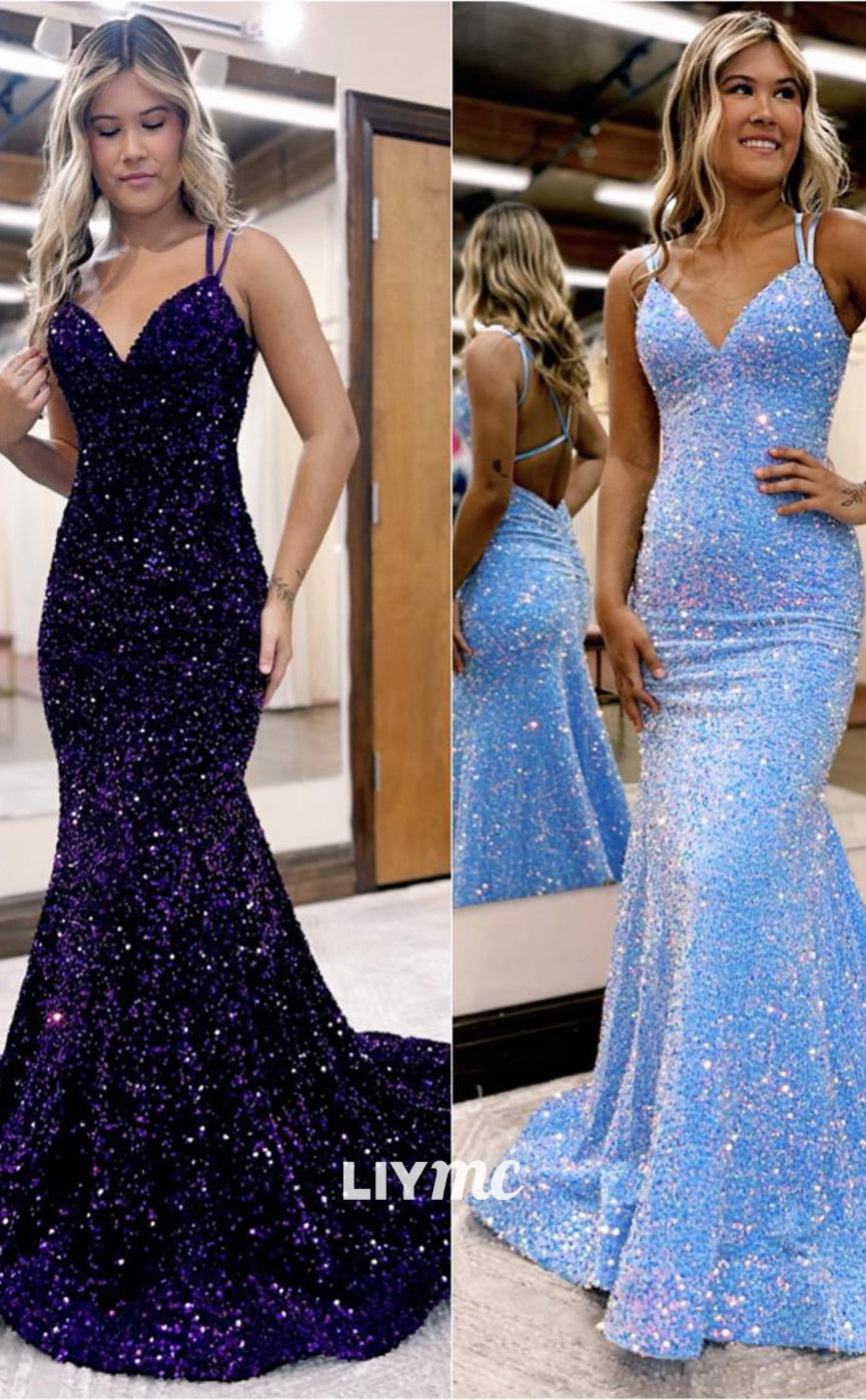 LP1232 - Sexy V-Neck Trumpet/Mermaid Sequins Sleeveless Party Prom Dress