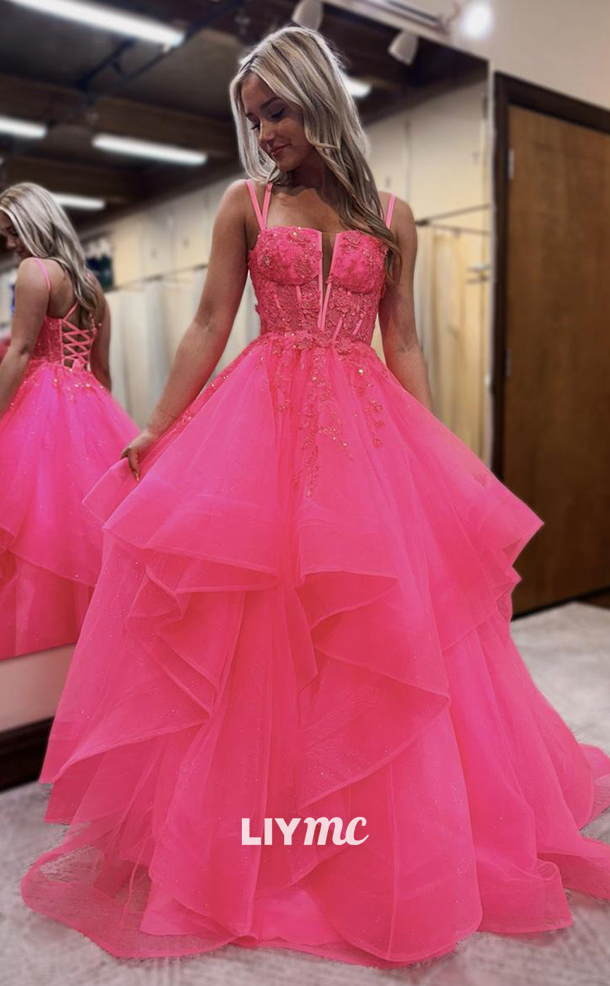 LP1237 - Glamorous Halter Strap Organza Appliques Tiered Lace-Up Party Evening Ball Gown