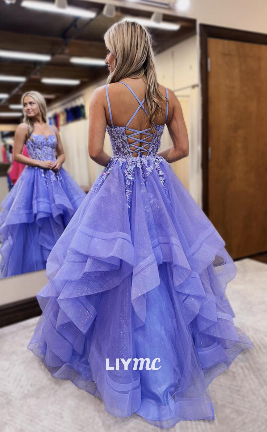 LP1237 - Glamorous Halter Strap Organza Appliques Tiered Lace-Up Party Evening Ball Gown