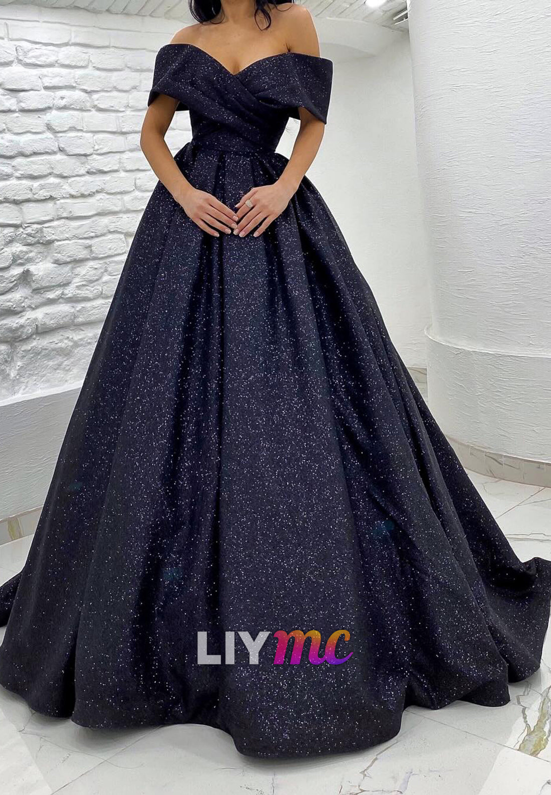 Off-Shoulder Strapless Pleated A-Line Sparkly Prom Dress