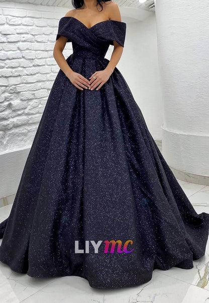 Off-Shoulder Strapless Pleated A-Line Sparkly Prom Dress