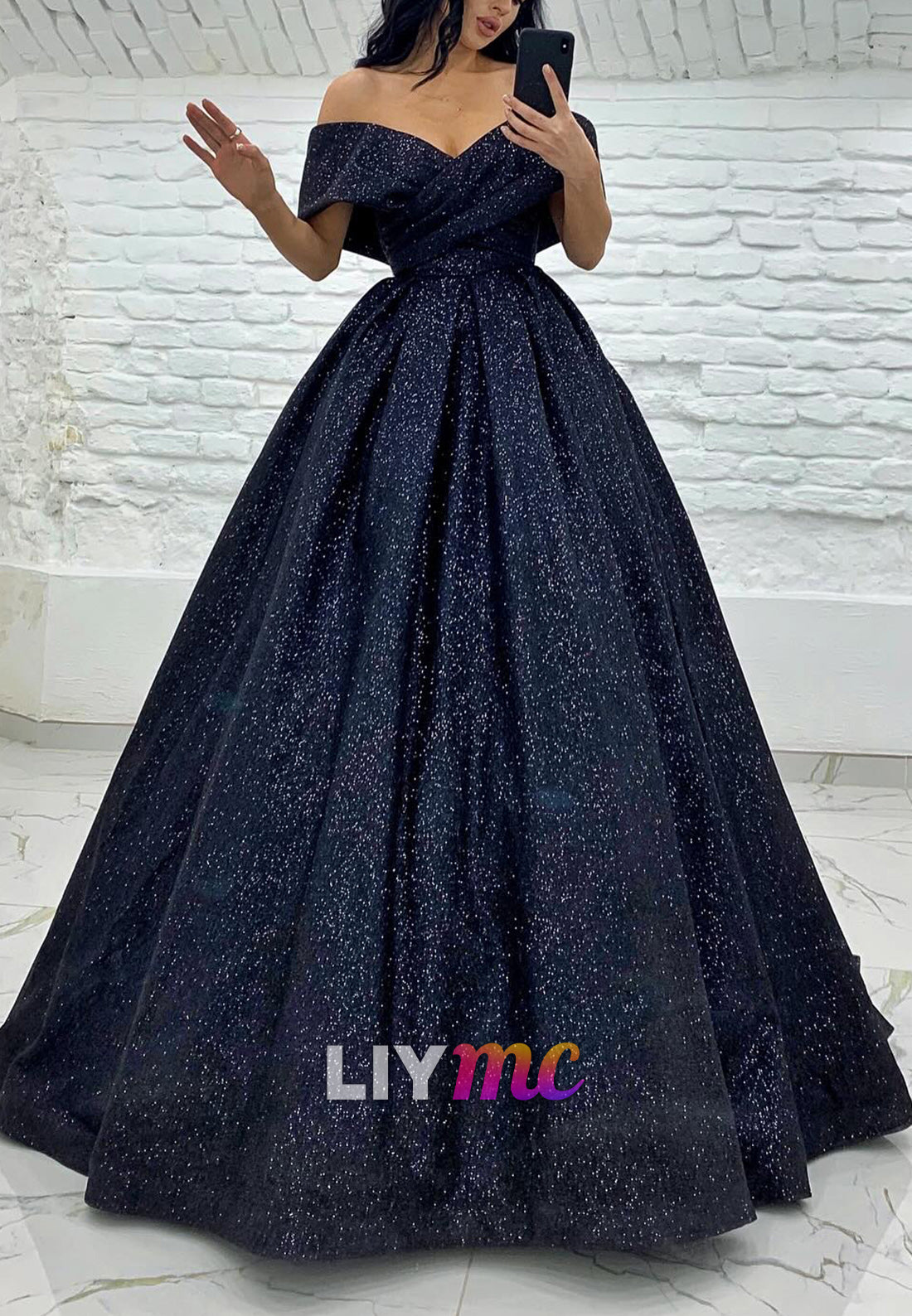 Off-Shoulder Strapless Pleated A-Line Sparkly Prom Dress