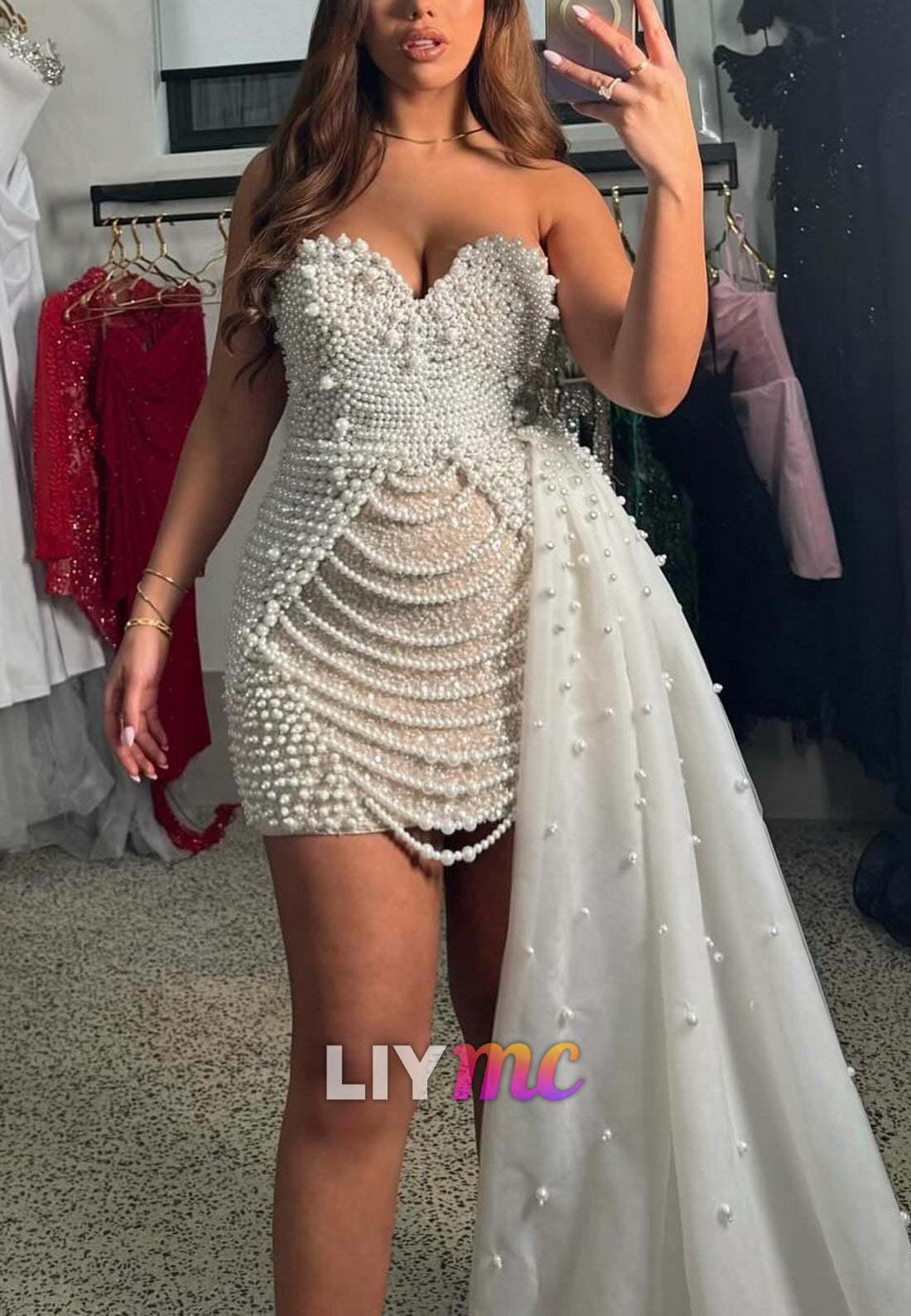 Sweetheart Pearl Sheath Short Wedding Dress