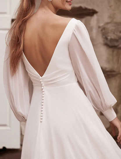 Hall Casual Wedding Dresses A-Line V Neck Long Sleeve Court Train Chiffon Bridal Gowns With Solid Color