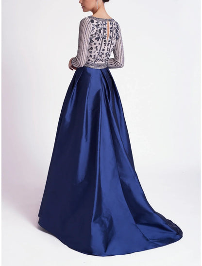 A-Line Mother of the Bride Dress Wedding Guest Party Elegant Scoop Neck Sweep / Brush Train Satin Long Sleeve with Sequin Ruching