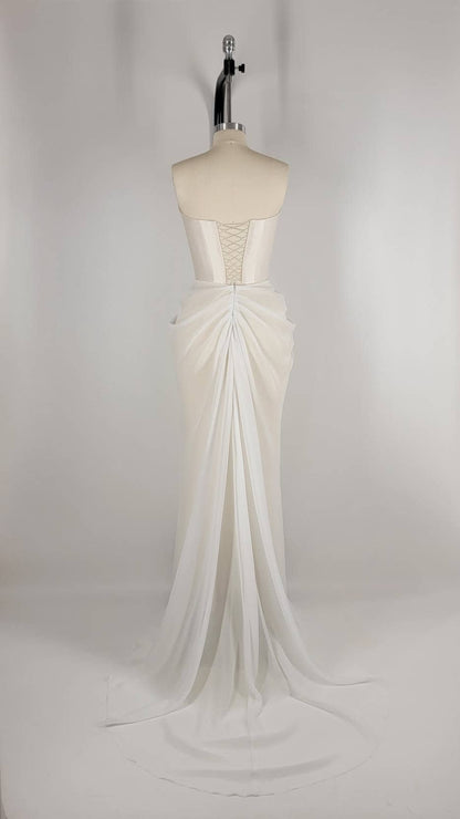 Handmade Draped Pearl Off White Chiffon Sheer Mesh Corset Crystal Lace Wedding Gown Dress Formal Bridal