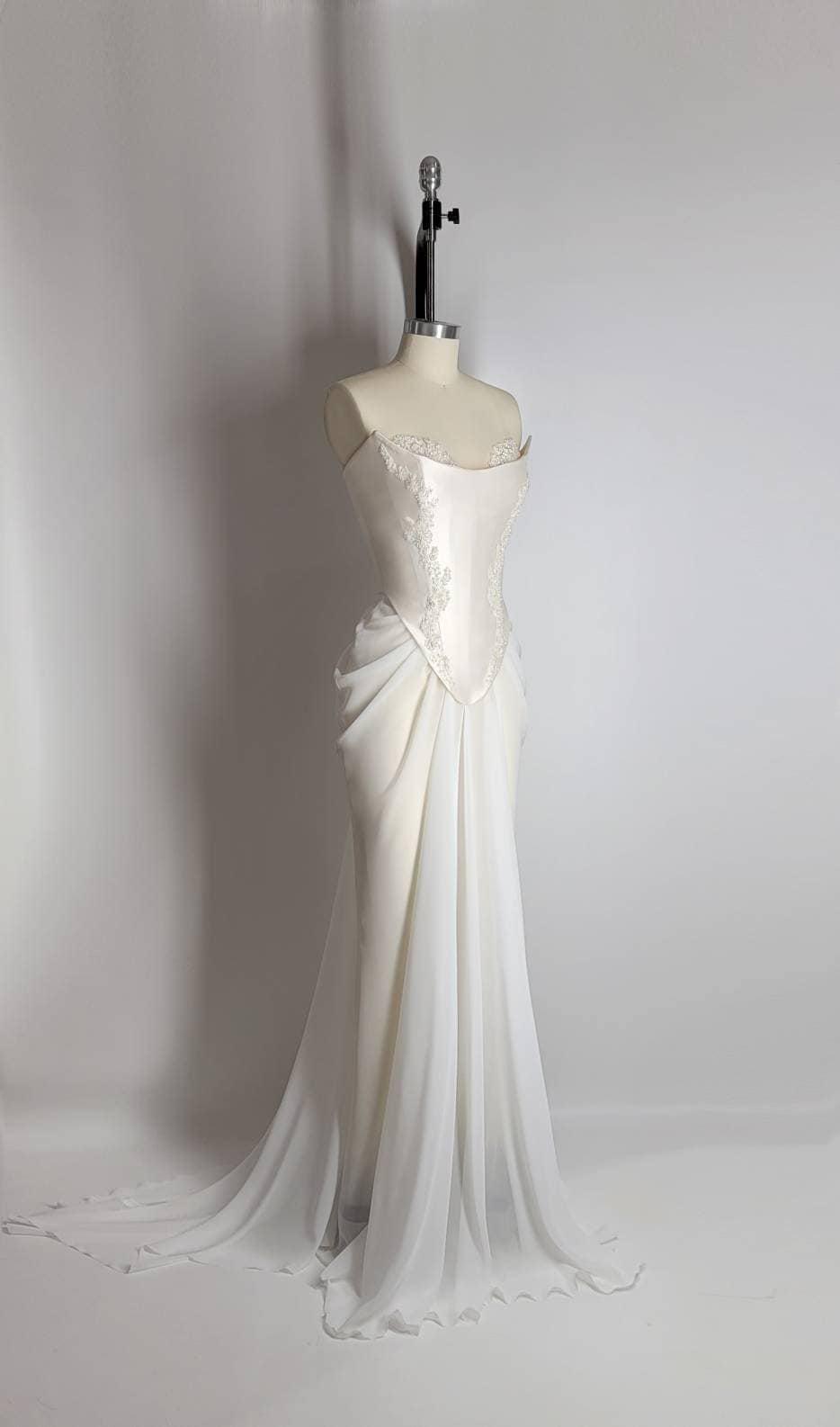 Handmade Draped Pearl Off White Chiffon Sheer Mesh Corset Crystal Lace Wedding Gown Dress Formal Bridal