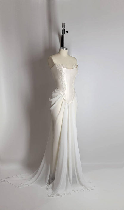 Handmade Draped Pearl Off White Chiffon Sheer Mesh Corset Crystal Lace Wedding Gown Dress Formal Bridal