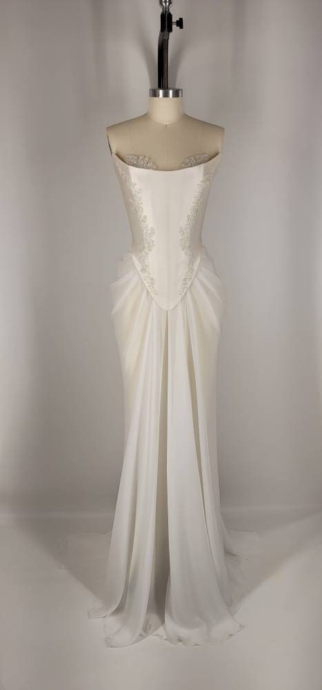 Handmade Draped Pearl Off White Chiffon Sheer Mesh Corset Crystal Lace Wedding Gown Dress Formal Bridal