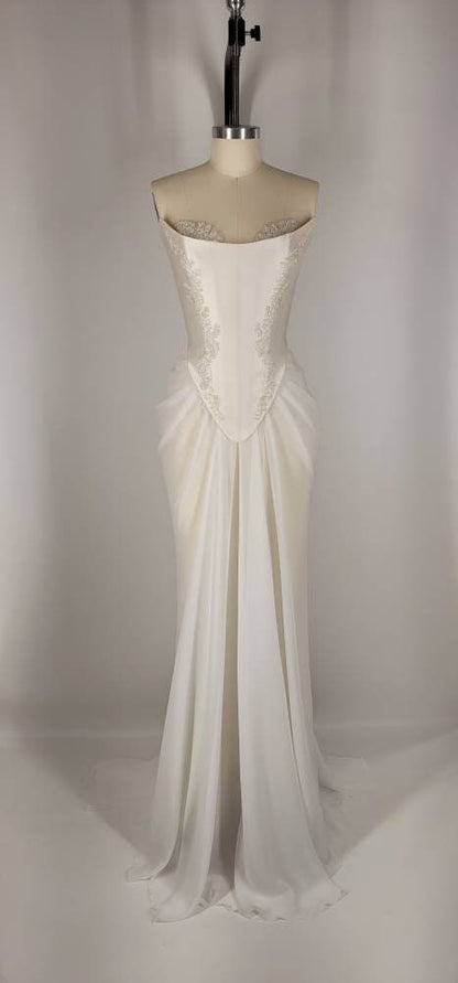 Handmade Draped Pearl Off White Chiffon Sheer Mesh Corset Crystal Lace Wedding Gown Dress Formal Bridal