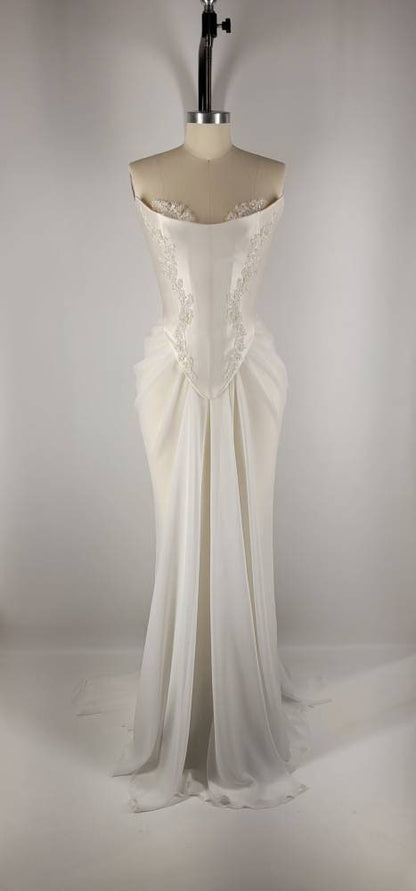 Handmade Draped Pearl Off White Chiffon Sheer Mesh Corset Crystal Lace Wedding Gown Dress Formal Bridal
