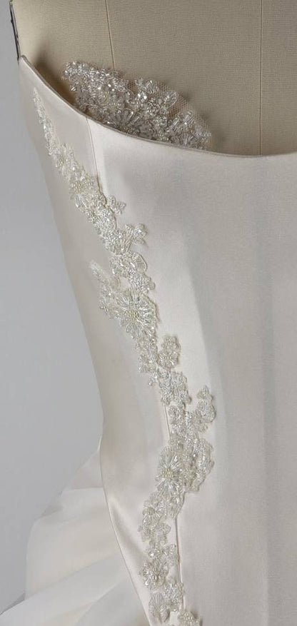 Handmade Draped Pearl Off White Chiffon Sheer Mesh Corset Crystal Lace Wedding Gown Dress Formal Bridal