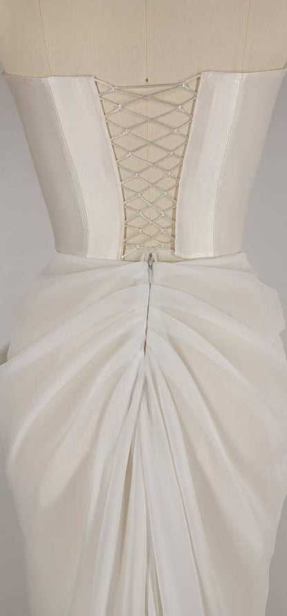 Handmade Draped Pearl Off White Chiffon Sheer Mesh Corset Crystal Lace Wedding Gown Dress Formal Bridal