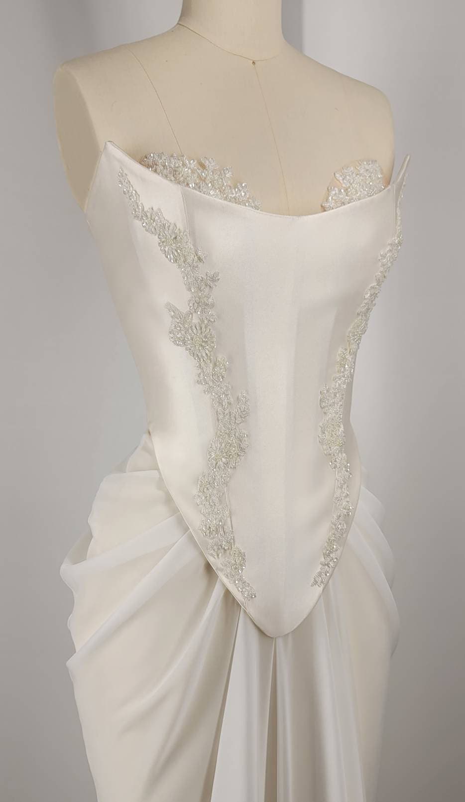 Handmade Draped Pearl Off White Chiffon Sheer Mesh Corset Crystal Lace Wedding Gown Dress Formal Bridal