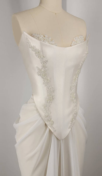 Handmade Draped Pearl Off White Chiffon Sheer Mesh Corset Crystal Lace Wedding Gown Dress Formal Bridal