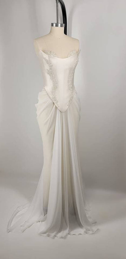 Handmade Draped Pearl Off White Chiffon Sheer Mesh Corset Crystal Lace Wedding Gown Dress Formal Bridal