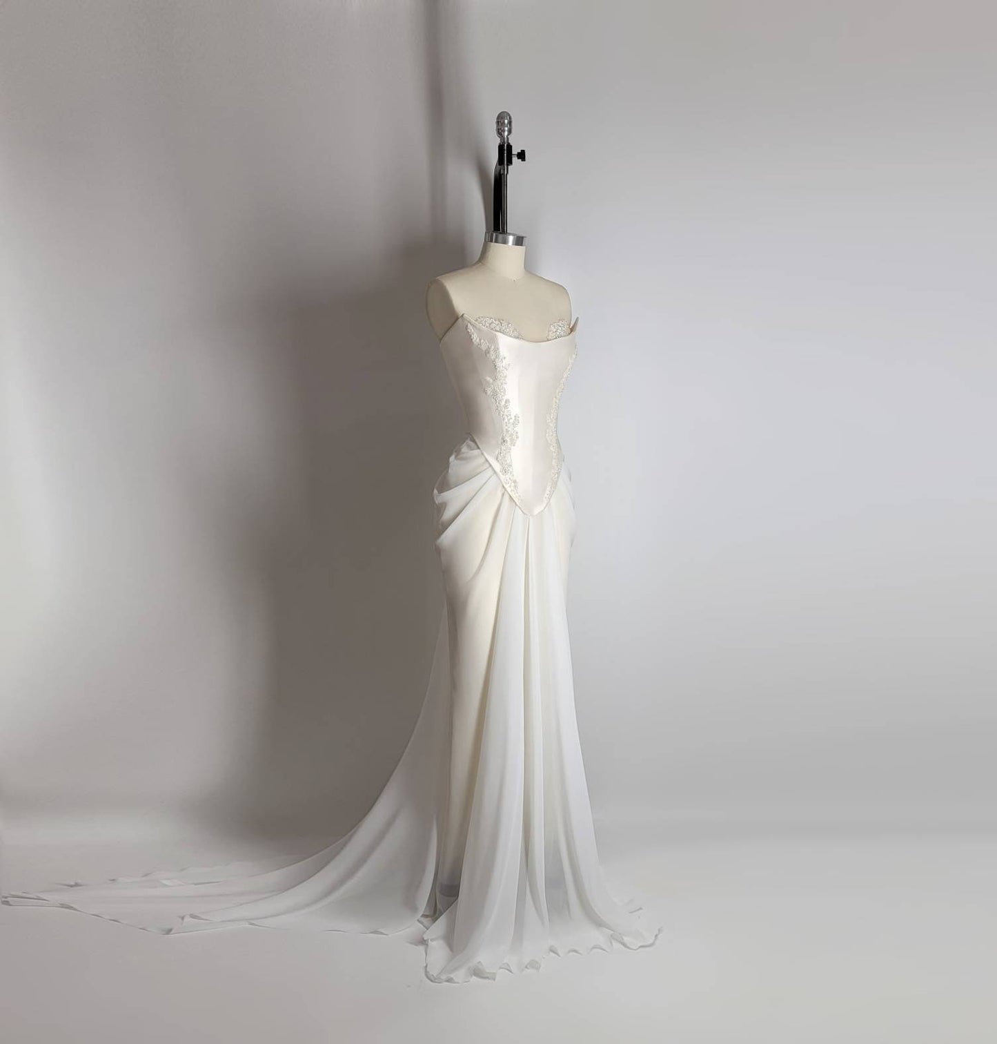 Handmade Draped Pearl Off White Chiffon Sheer Mesh Corset Crystal Lace Wedding Gown Dress Formal Bridal