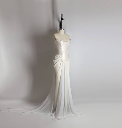 Handmade Draped Pearl Off White Chiffon Sheer Mesh Corset Crystal Lace Wedding Gown Dress Formal Bridal