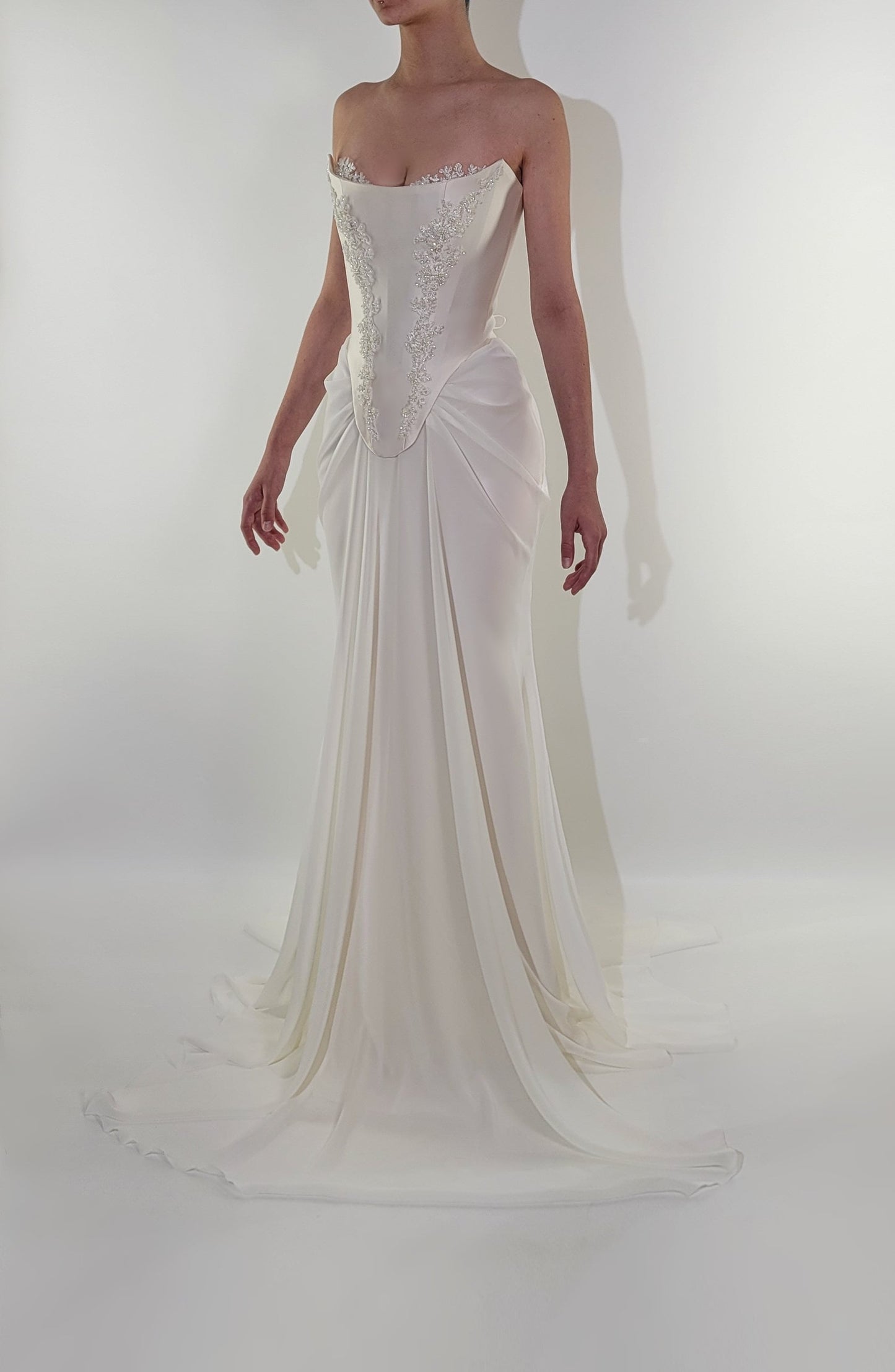 Handmade Draped Pearl Off White Chiffon Sheer Mesh Corset Crystal Lace Wedding Gown Dress Formal Bridal